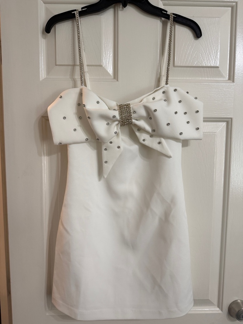 Women’s White Bow-Accent Party Dress with Rhinestone Straps